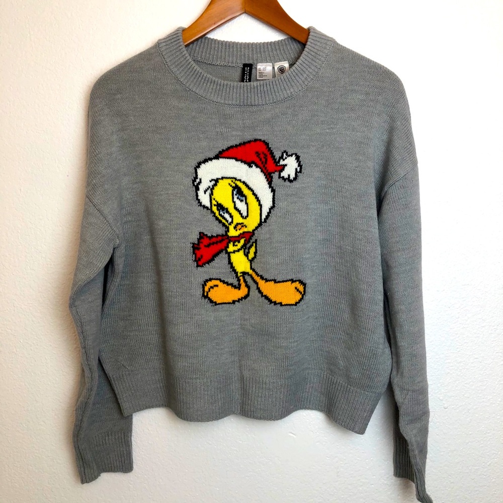 H&M Gray Holiday Tweety Crew Neck Sweater Size XS